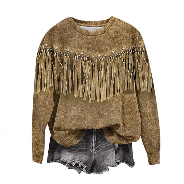 Yuyuzo Sweat-Shirts Oversizes pour Femmes Franges Garniture Chemise Col Rond Tops Manches Longues Pulls Décontractés