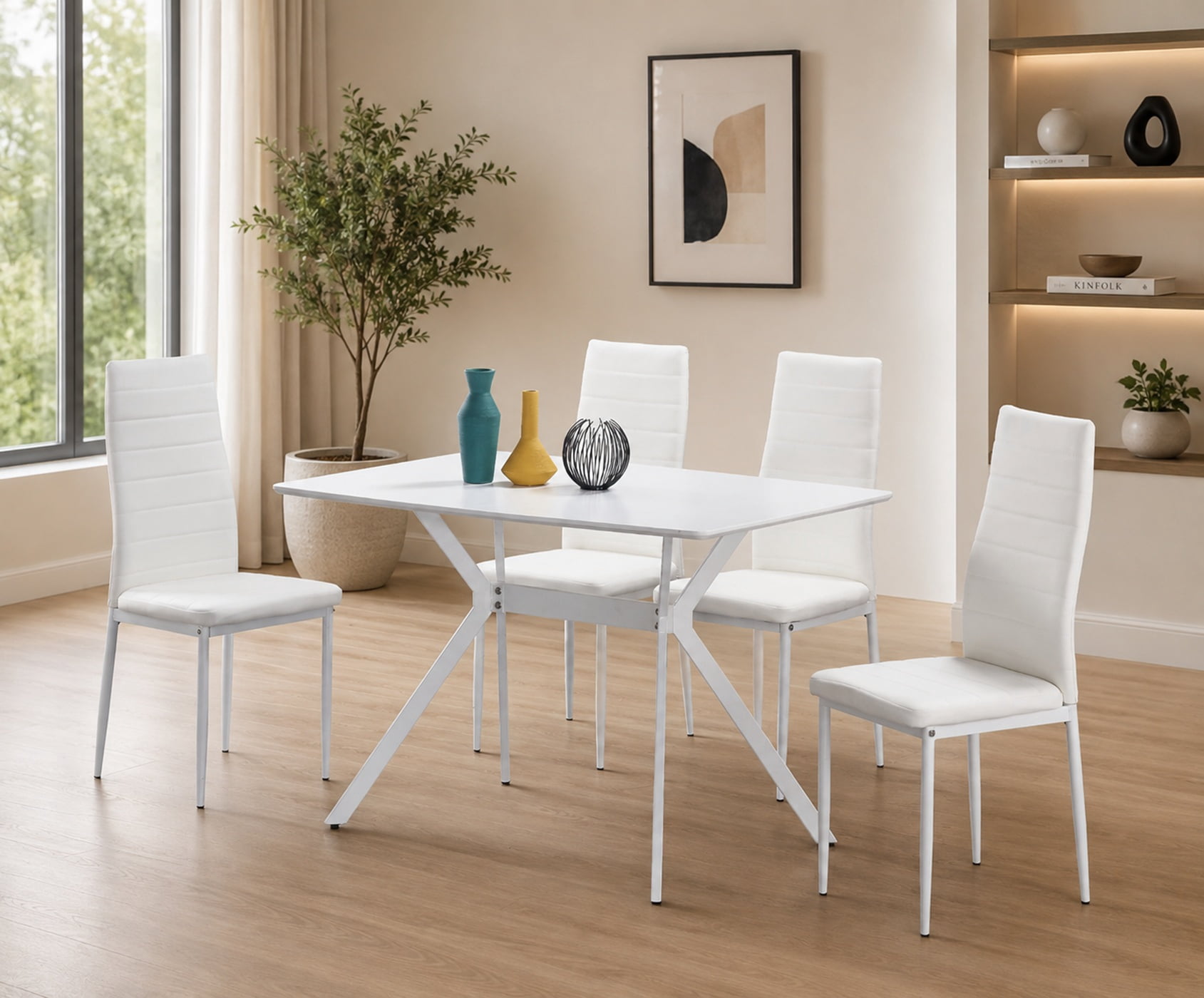 K-Living Nash 5PCS White Anti Scratch, Powder Coated Metal Dining Set with PU Chairs (Table with 4 Chairs)