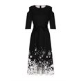 thumbnail image 3 of AherBiu Robe de Noël pour Femmes à Épaules Dénudées, Manches 3/4, Fermeture Éclair, Taille à Nœud, Froncée, Robe Midi de Fête, 3 of 6