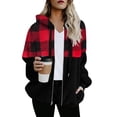 thumbnail image 2 of IROINID Veste à Capuche Courte en Laine pour Femmes à Carreaux Manches Longues Confortable avec Fermeture Éclair, Rouge, 2 of 6