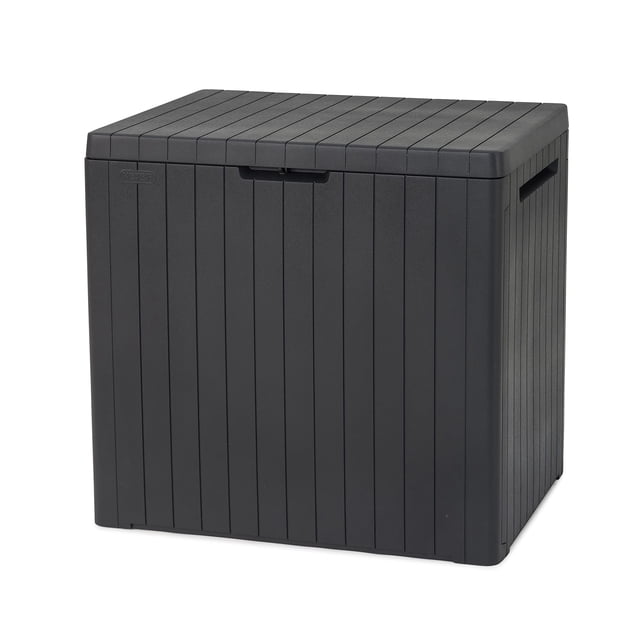 Keter City Coffre de Terrasse en Résine de 30 Gallons en Gris graphite, Doté d'Une construction en Résine Résistante aux Intempéries avec une texture Aspect Bois. Conçu pour les Meubles de patio, Accessoires de Piscine et Rangement de Jouets Extérieur, Il Offre une Capacité de 30 Gallons et Sert Aussi de Banc avec une Limite de Poids de 220 lb. Dimensions : Extérieur 22,75 Po L x 17,3 Po L x 21,7 Po H; Intérieur 22,71 Po L x 16,3 Po L x 20,3 Po H.