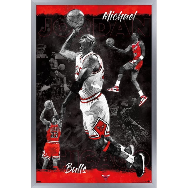 Michael Jordan' Michael Jordan - Affiche Murale de Croquis, 22,375 Po x 34 Po Encadrée Présentant Plusieurs Croquis de Michael Jordan en Uniforme Rouge et Blanc Chicago Bulls Exécutant des Mouvements de basketball, Y Compris des dunks et des Tirs de Saut, sur Fond Noir et Rouge avec Texte Audacieux « » et « Bulls », Convenant à une Déco Murale à Thème Sportif.