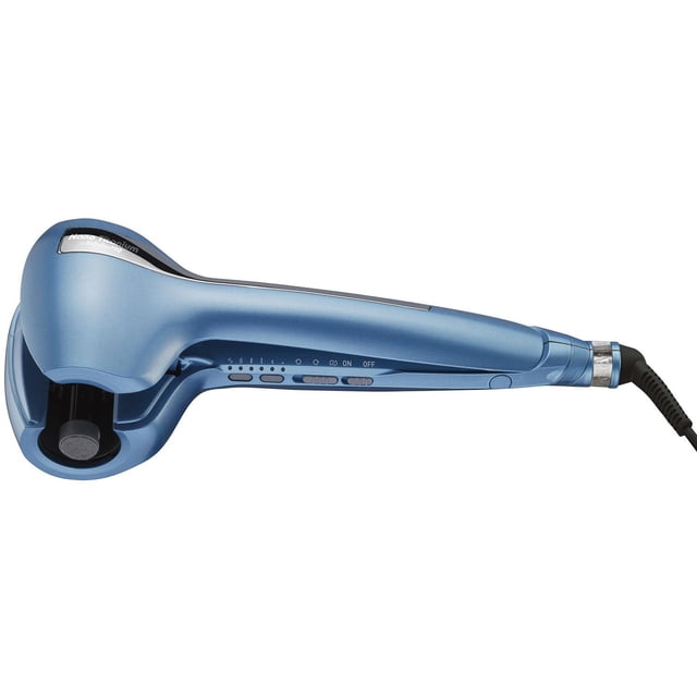 BaByliss PRO Nano Titanium MiraCurl 3 Professional Curl Machine in metallic blue with ergonomic handle, featuring three curl size settings, curl direction controls, and three heat levels up to 450°F, equipped with a nano titanium curl chamber and MaxLife PRO brushless motor for smooth, precise styling.