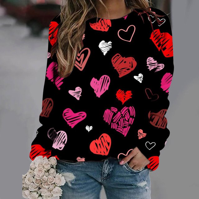 Qertyioot Chandail de la Saint-Valentin pour Femmes, Blouse à Manches Longues Imprimée Col Rond Tunique Décontractée