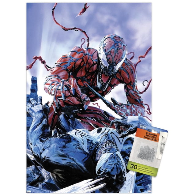 Marvel Comics - Carnage - Affiche Murale Battle with Venom, 14,725 Po x 22,375 Po, Représentant Carnage sous une Forme de symbiote Rouge et Noire Attaquant Venom sous une Forme de symbiote Noir et Blanc contre un Ciel Bleu Nuageux, Imprimée sur Papier d'Affiche Lustré pour une art Mural vibrant, Convient aux Chambres, Bureaux Ou Dortoirs et Est Souvent Utilisée avec des Épingles à Pousser Ou des Pinces pour un Affichage Facile.