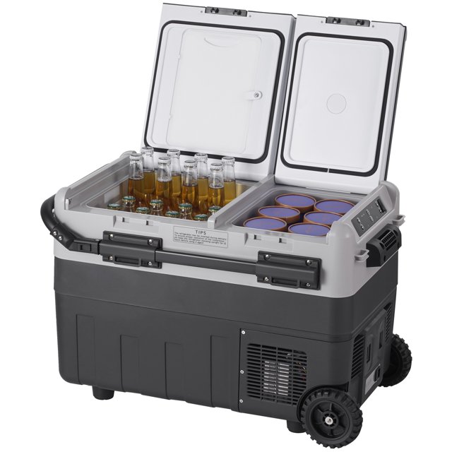 KFFKFF Mobile Car Cooler, 12V Vehicle Fridge with 40L / 42.3 qt capacity, featuring dual compartments for bottles and cups. Includes a compressor-based cooling system, LED control panel, and wheels for portability. Suitable as an electric cooler and portable freezer for camping, RVs, and automobiles.