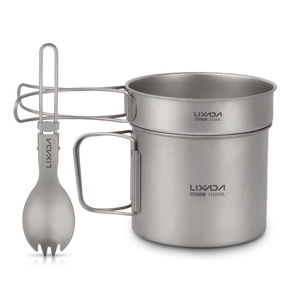 Lixada Ensemble de Cuisine Ultraléger en Titane pour Camping en Plein Air 900ml1100ml Pot Poêle à Frire 350ml avec Spork Pliant pour Voyage Camping Randonnée Pique-Nique Pot 1100ml & Poêle 350ml & Spork