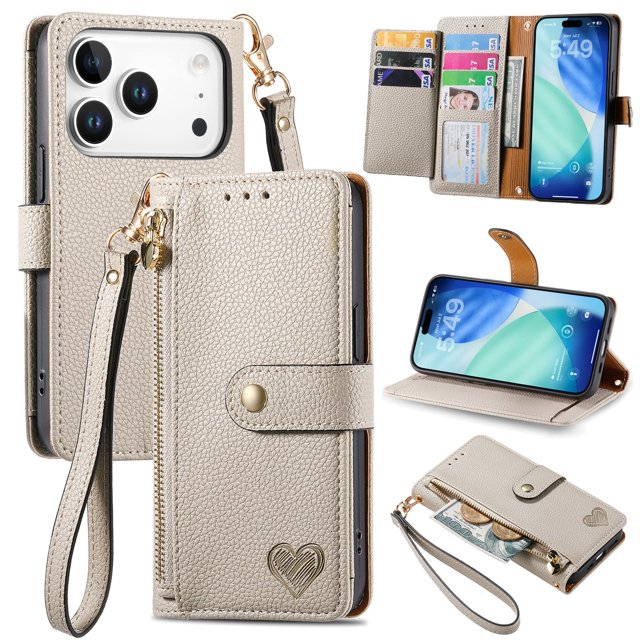 GANGXUN Wallet Case for iPhone 17 Pro , PU Leather Flip Cover with Card Slots, Zipper Pocket, Wrist Strap and Stand Function