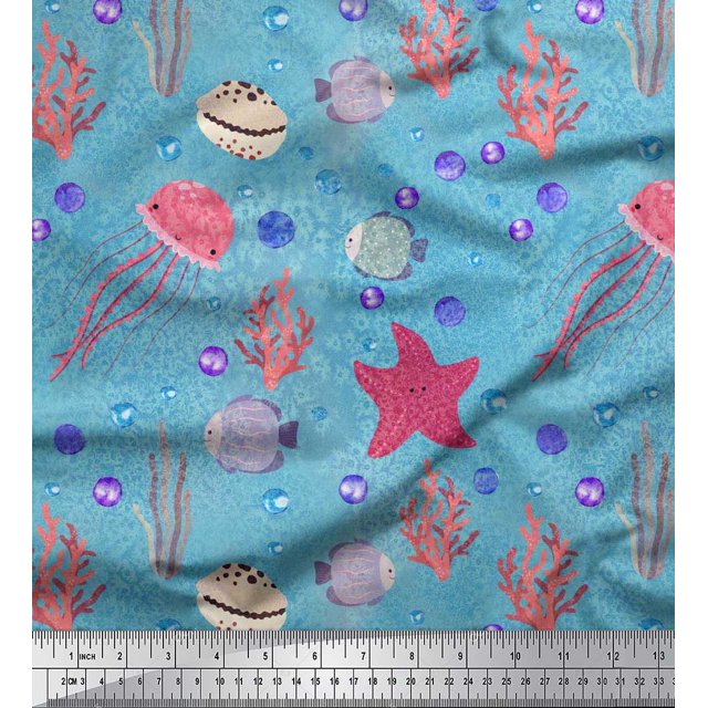 Soimoi polyester Crepe Fabric Fish,Coral & Jellyfish Ocean Decor Fabric Printed Yard 42 Inch Wide