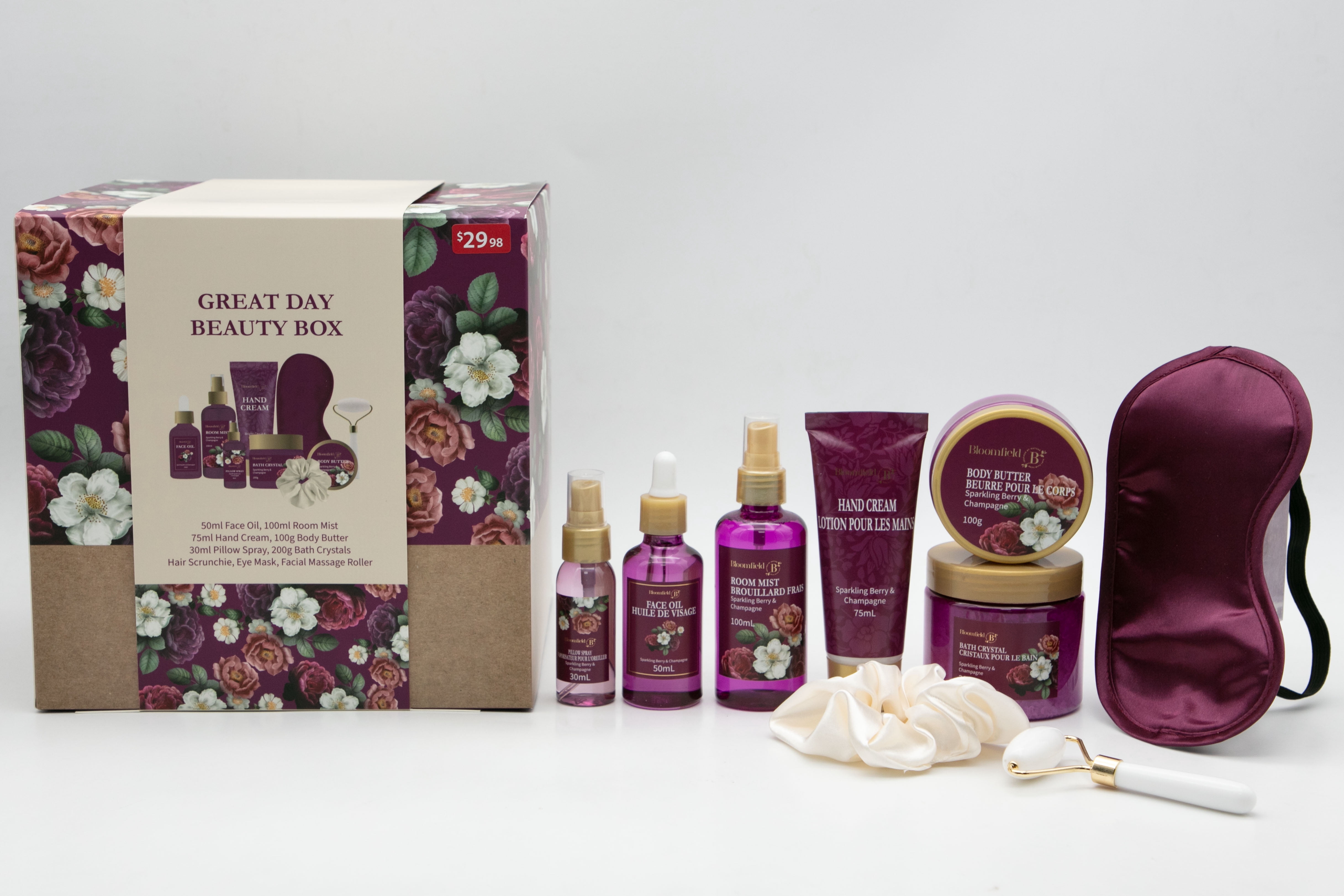 Bloomfield - Great Day Beauty Box 10pcs, White Tea & Cotton Flower Scented Bath & Body Care Kit with Skincare Tools, for Teens & Adults