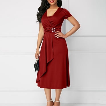 EGNMCR Robes de Soirée pour Femmes, Robes Formelles pour Femmes, Robes de Cocktail pour Femmes à Manches Courtes Robe à Col en V Robe d'Été Unie à Manches Courtes à Col en V pour Femmes Robe pour Femme