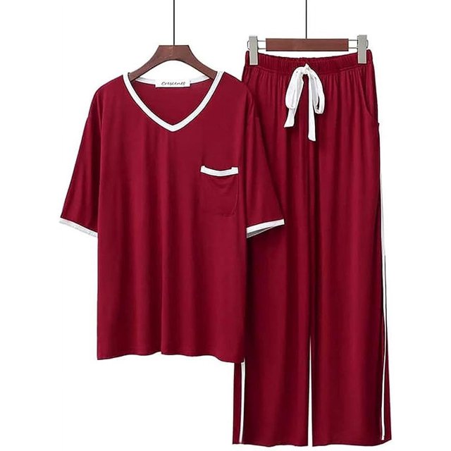Crescentt Pyjama en Modal de Luxe, Respirant et Confortable, Ensemble de Pyjama Ultra Doux pour Femmes, Ensemble de Pyjama Classique en Modal à Manches Longues - Rouge - Manches Courtes, Moyen