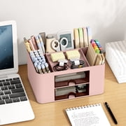 Apmemiss Clearance Desk Organizer with 2 Drawer, Multi-Functional Pencil Pen Holder for Desk, Plastic Desk Organizers and Storage with 5 Compartments, Desktop Organizer for School Office Art Supplies