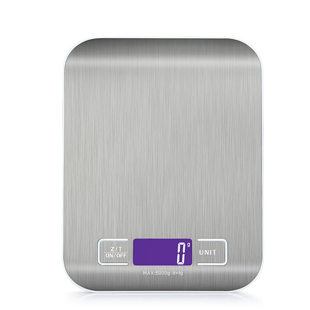 Amdohai 22lb Food Scale Digital Kitchen Scale with a sleek stainless steel surface and a large backlit LCD display. This portable food scale measures in kg, g, oz, ml, and lb, with a precise 1g increment. Features include a tare function, auto-off, and anti-fingerprint design. Ideal for baking, cooking, and portion control.