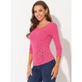 thumbnail image 2 of INSPIRE CHIC Women's V Neck 3/4 Sleeves Solid Knitted Buttons Decor Ruched Top X-Small Hot Pink, 2 of 5