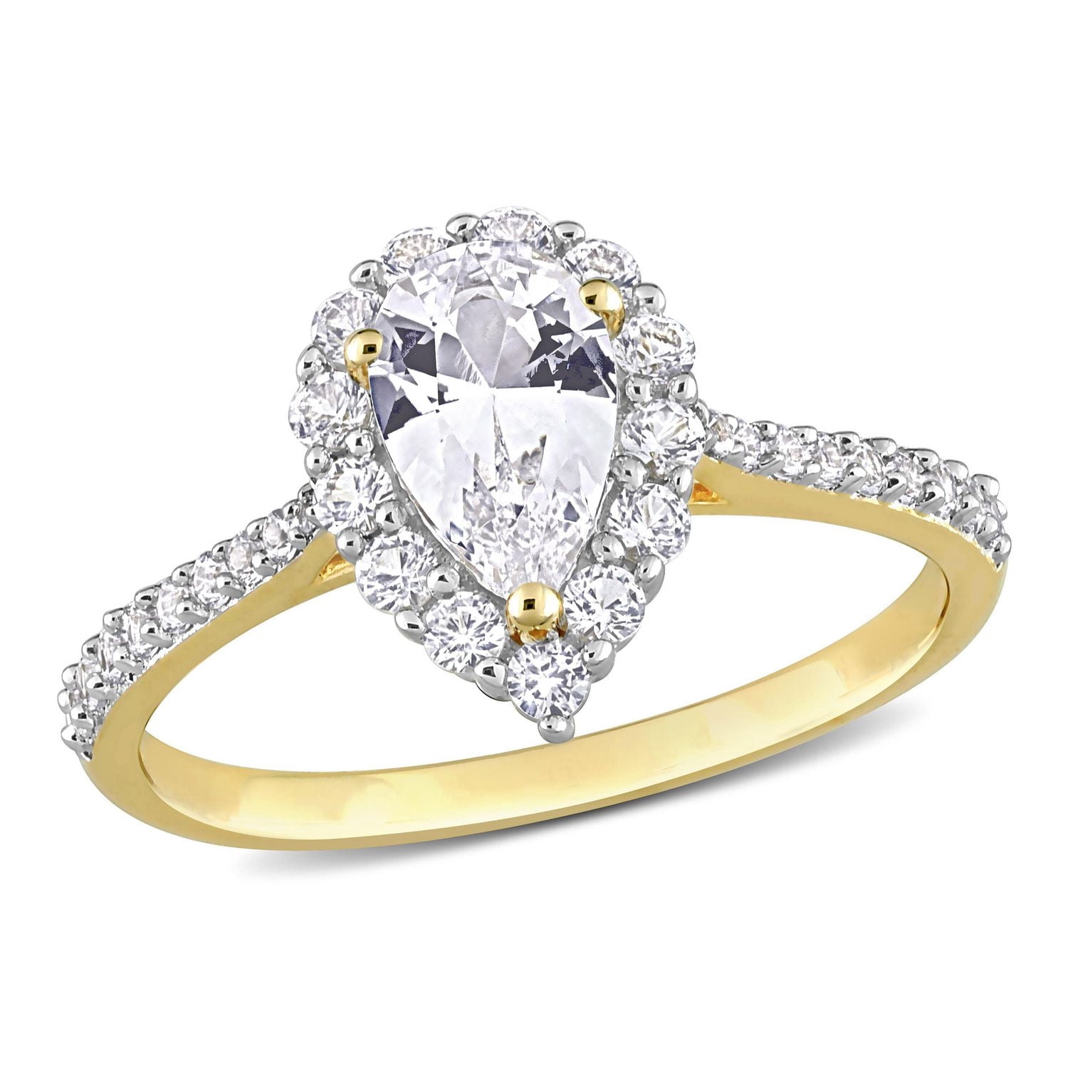 Bague de fiançailles auréole en forme larme de Miabella avec 1-7/8 carat PBT de Saphir blanc synthétique en argent sterling plaqué jaune