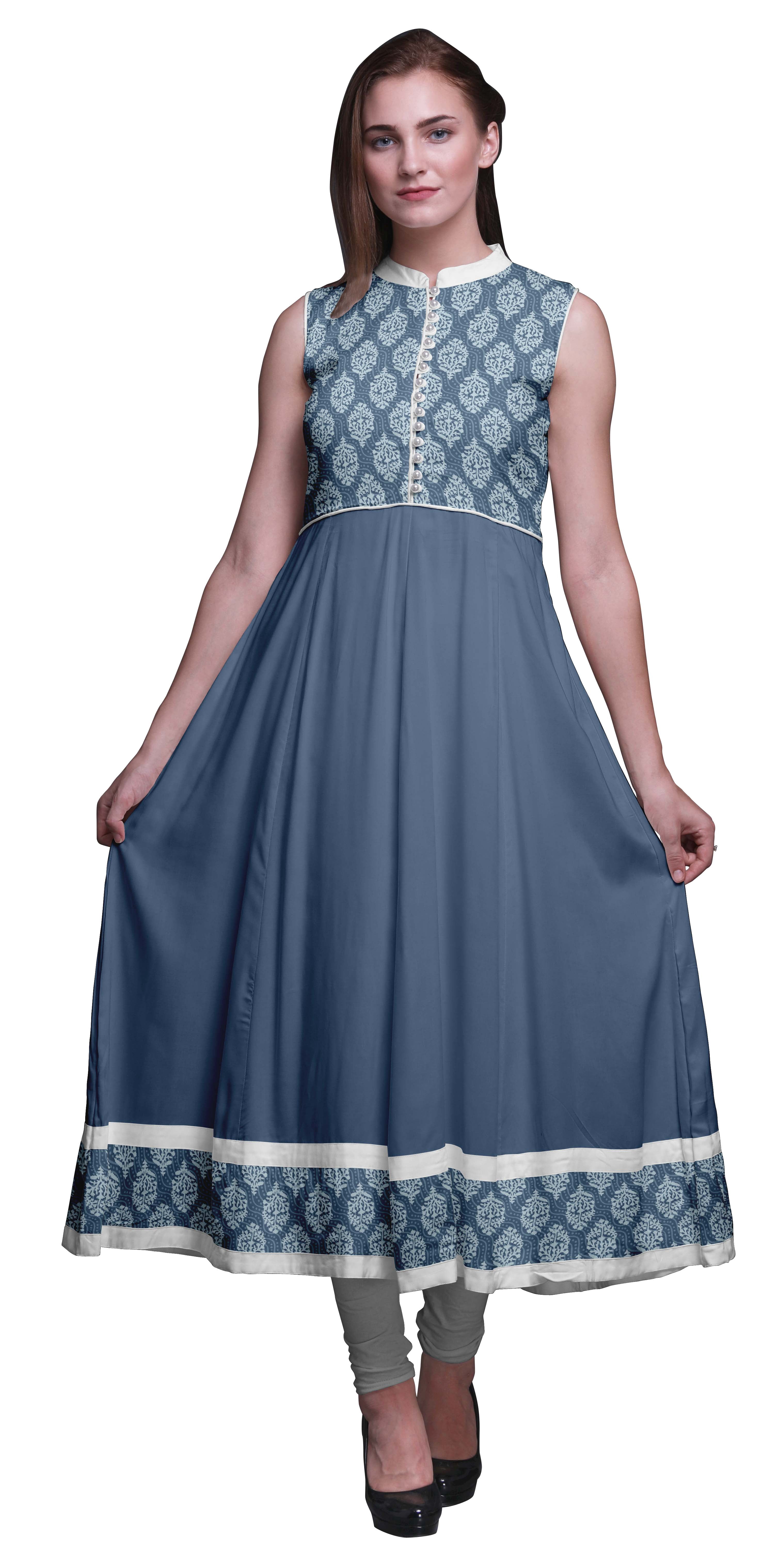 Bimba Robe Anarkali à Col Mandarin pour Femmes, Bleu Poussiéreux, à Blocs Imprimés, Kurta Ethnique Indienne, Petit