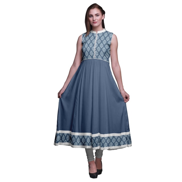 Bimba Robe Anarkali à Blocs Bleu Poussiéreux, Col Mandarin, Sans Manches, Kurtis pour Femmes, Robe Maxi à Imprimé, XX-Grand