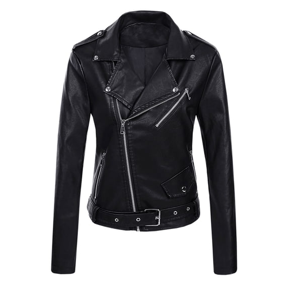 IROINID Women's Short Faux Leather Jacket Notch Lapel Solid Color Long Sleeve Jacket Zipper Pocket Outerwear, Black