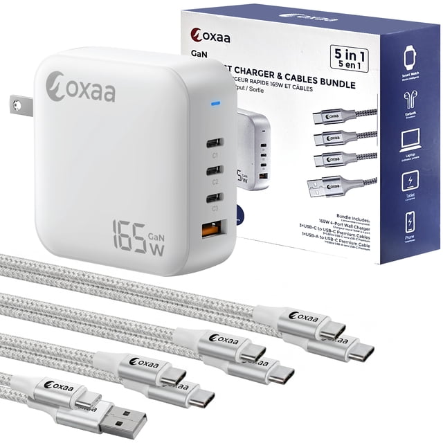 OXAA USB GaN Fast Charging Bundle – compact white 165W GaN charger, front-facing with three PD 3.0 USB-C ports and one USB-A QC 3.0 port, paired with three 2m USB-C-to-C braided cables and one 1m USB-A-to-C braided cable showing reinforced aluminum connectors, studio background, ideal travel charging kit for phones, tablets and laptops.