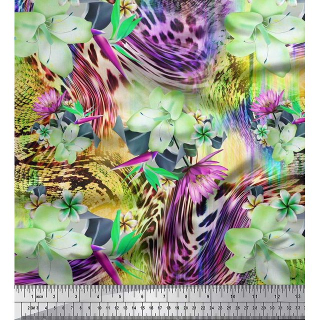 Soimoi Modal Satin Fabric Animal Skin & Tropical Flower Print Fabric by The Yard 42 Inch Wide