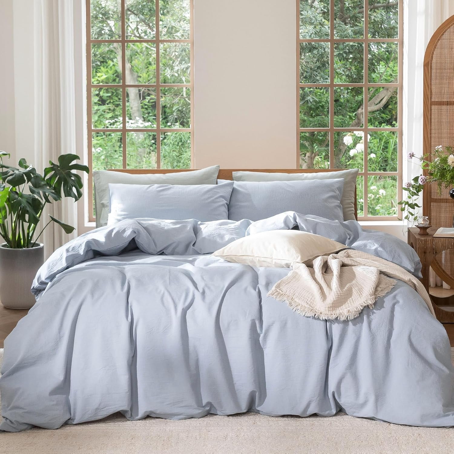 Ensemble de Housse de Couette en Coton Lavé Effet Lin Respirant Durable Doux Confortable (Lin Brun Gris Grand Lit)