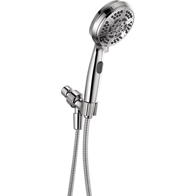 Peerless Douchette à Main à 7 Réglages en Chrome avec une Surface Ronde à Multiples Vaporisations Comprenant des Trous de Pulvérisation en Caoutchouc Souple à Nettoyage Tactile, un Bouton pause sur la Poignée et un Tuyau Métallique flexible de 60 Pouces Fixé à une valve Murale, Convient à une Utilisation Efficace de l'Eau et à un Nettoyage Facile dans les Douches de Salle de Bain.