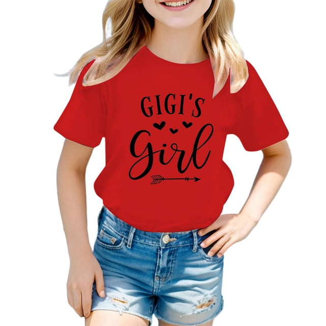 JAKANYQ T-shirts Graphiques Mignons pour Filles Tout-Petits Col Rond Manches Courtes T-Shirt d'Été Décontracté Rouge 7-8 Ans