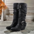 thumbnail image 4 of Slouchy Mid Calf Boots for Women Trendy Leather Pointed Toe Chunky Heel Buckle Knee High Riding Tall Boots, 4 of 5