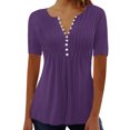 thumbnail image 2 of LSLJS Womens T Shirts Women's Fashion Casual Round Neck Pleated Solid Color Button Top Blouse, 2 of 5