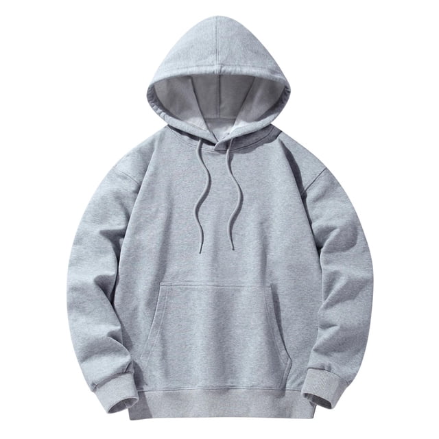 Yuyuzo Mens Hoodies Solid Color Long Sleeve Fashion Pullover Tops Drawstring Sweatshirt with Pocket in grey. Designed for casual wear, it features a relaxed fit, adjustable drawstring hood, and a front kangaroo pocket. Made with soft, breathable fabric, ideal for layering or lounging.