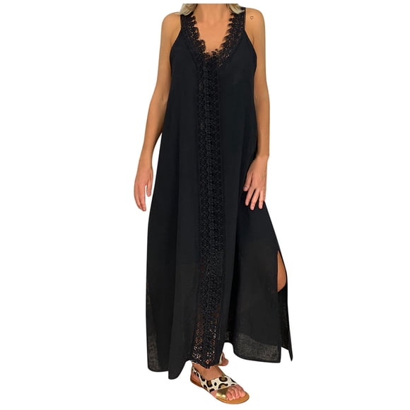 Long Maxi Dress for women Plus Size V-Neck Sleeveless Beach Loose Lace Patchwork Long Dress Maxi Dress Plus Size Beach Dress Plus Size Maxi Dress for Women