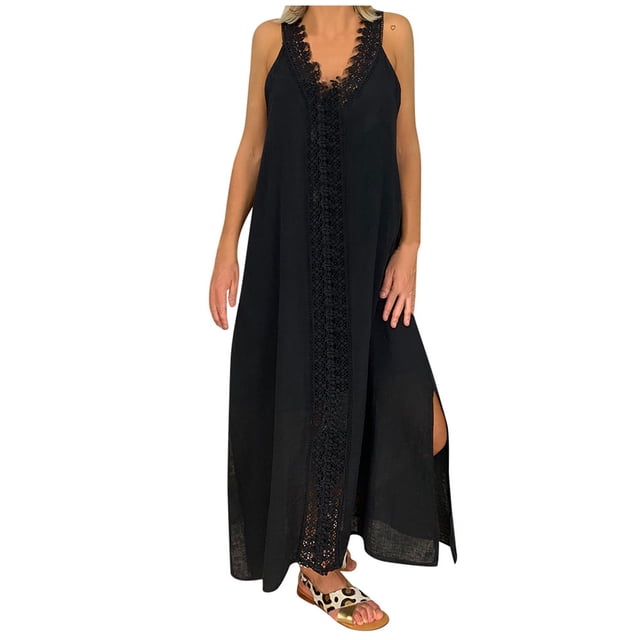 XZNGL Long Maxi Dress for Women Plus Size V-Neck Sleeveless Beach Loose Lace Patchwork Long Dress Maxi Dress Plus Size Beach Dress Plus Size Maxi Dress for Women