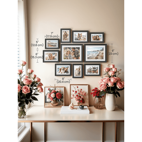 LEDREM 10-Piece Collage Photo Frame Set with 16 Mats, Includes 8x10, 5x7, 4x6 Sizes for Wall or Tabletop Display, 12 Non-Trace Nails, Black