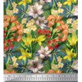 thumbnail image 1 of Soimoi Toile de Satin Modal Vert Feuilles, & Lys Imprimé Floral par la Cour 42 Pouces de Large, 1 of 3