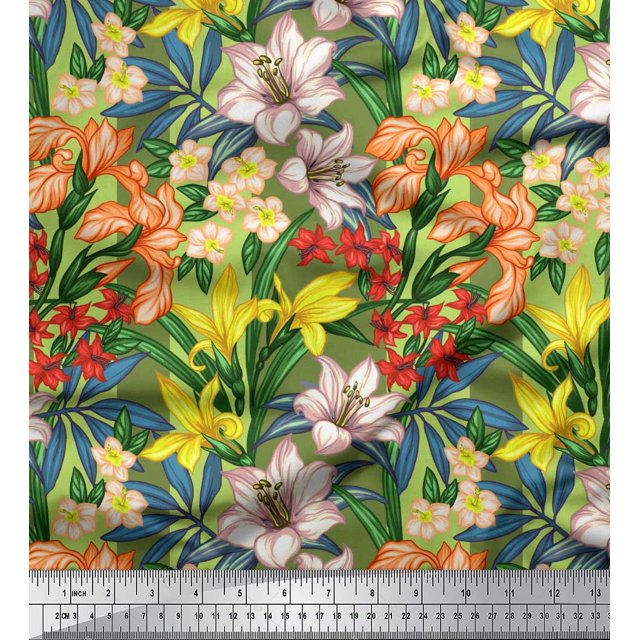 Soimoi Toile de Satin Modal Vert Feuilles, & Lys Imprimé Floral par la Cour 42 Pouces de Large