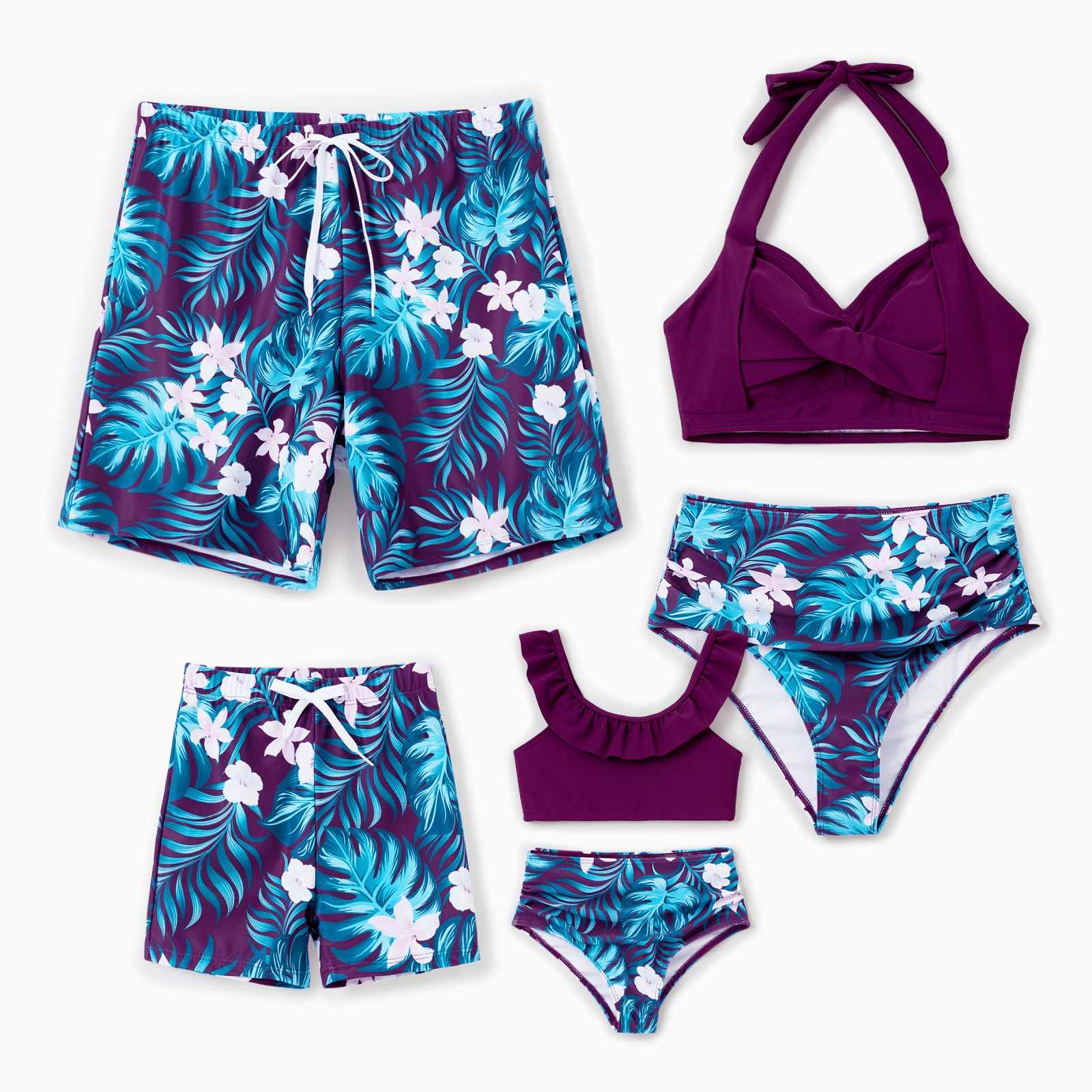 PatPat Family Matching Tropical Plants and Floral Print Swim Trunks or Halter two-piece Swimsuit