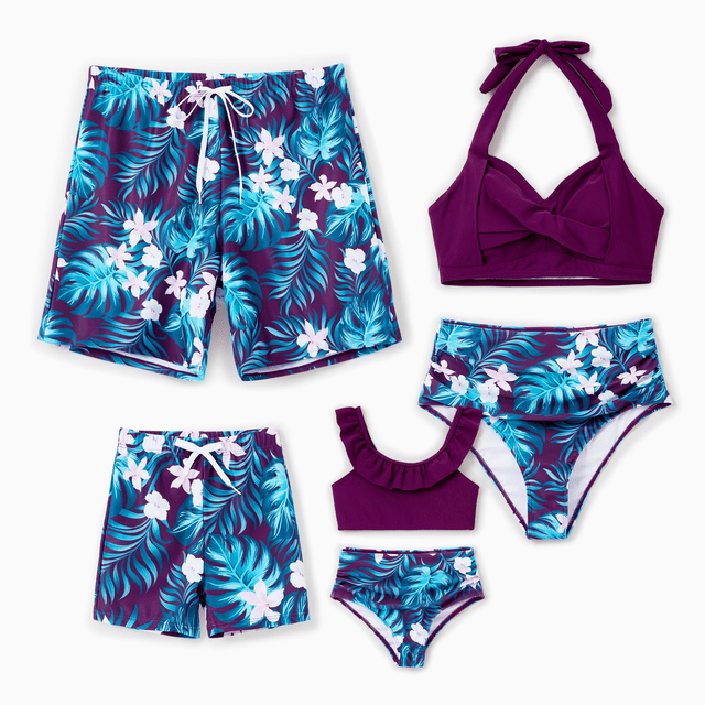 PatPat Family Matching Tropical Plants and Floral Print Swim Trunks or Halter two-piece Swimsuit