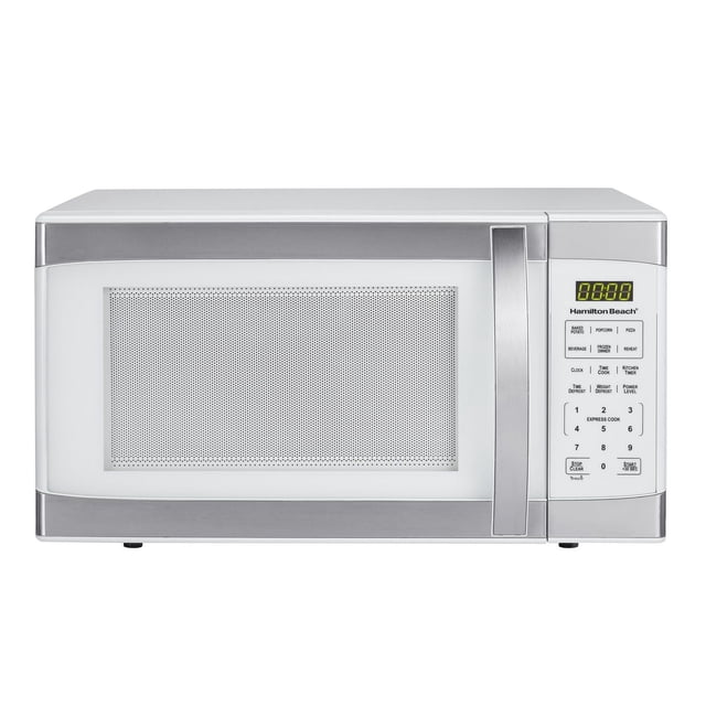 Hamilton Beach Microwave 1.1 cu ft Stainless Steel countertop microwave with 1000 watts power, front-facing with a white and stainless steel finish, large perforated window door with vertical handle, and right-side control panel featuring LED display and one-touch cooking buttons for popcorn, potato, pizza, frozen dinner, and reheat, ideal for efficient everyday meal preparation.