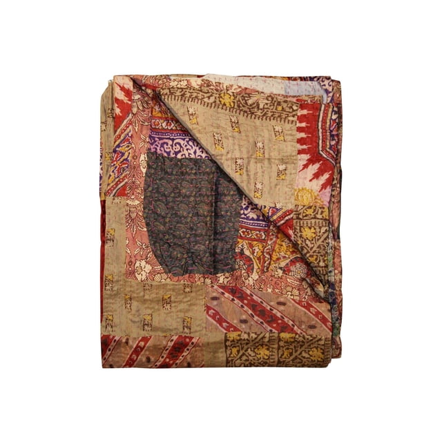 KANTHA SILK THROW BLANKET 50"X70" folded showing quilted patchwork with traditional Indian patterns in muted reds, purples, yellows, and beige, handcrafted from 100% silk, suitable for use as a blanket, wall hanging, or table cover.