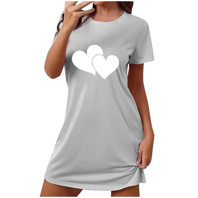 Chemises de Nuit pour Femmes Chemise de Nuit pour Femme Manches Courtes Vêtement de Nuit Confortable T-Shirts de Nuit Imprimés Col Rond T-Shirt de Nuit Robe de Sommeil Douce Coupe Ample Robe de Pyjama Gris P