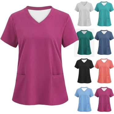 Pisexur Hauts de Sarrau Femmes Mode Couleur Unie Sarraus de Travail pour Femmes Décontracté Manches Courtes Col en V Hauts d'Infirmière Confortables Tunique Classique Uniforme de Travail avec Poches