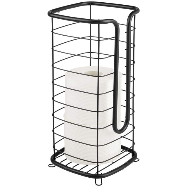 Decorative metal free-standing toilet paper holder stand with storage for 3 rolls of toilet tissue, shown in a satin finish. The open-top design and cutaway front allow for easy access to rolls, with a sturdy metal frame and a compact design suitable for small bathrooms or powder rooms. The holder is displayed with two white toilet paper rolls inside.