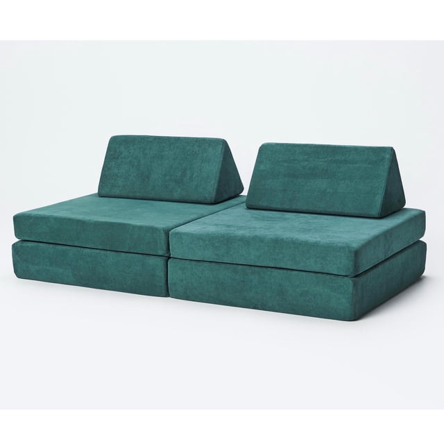 Kiddie Couch Modular Kids Play Couch designed for imaginative play and kids seating. Includes four modular pieces: a foldable base, cushion, and two triangular support pillows. Made with CertiPUR-US certified foam and covered in ultra-soft, water- and stain-repellant microvelvet fabric. Shown in a teal colour with a clean, minimalist background.