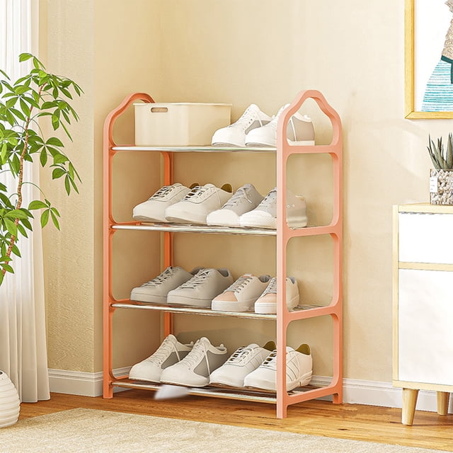 EGNMCR Shoe Rack, a pink 4-tier shoe rack organizer with metal shelves, ideal for shoe storage in bedrooms, closets, entryways, or dorm rooms. Made of durable steel tubes, it features slatted shelves for ventilation and drainage, keeping shoes organized and accessible. Displayed in a warm indoor setting with shoes neatly arranged on each tier.