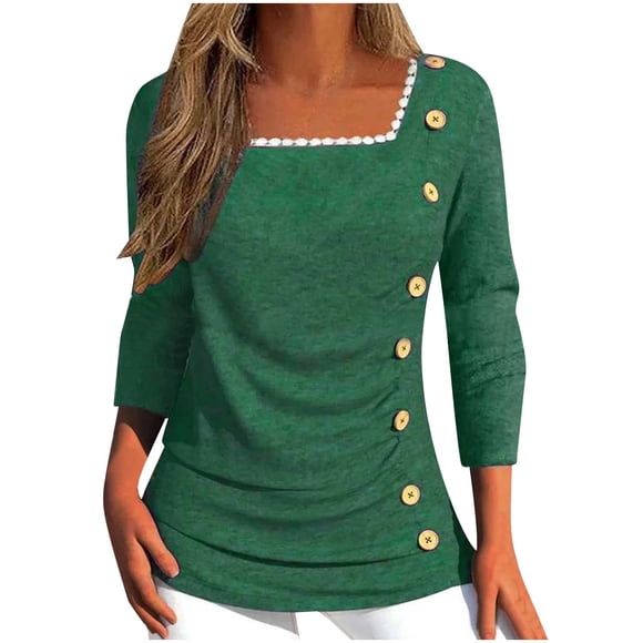 Timegard Womens Long Sleeve Tops Square Neck Ruched Button Side Blouse Comfy Casual Tunic Tops Tee