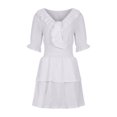 thumbnail image 4 of Pompotops Femmes Mode Casual Couleur Unie Manches Courtes V-Cou Volant Grande Robe Swing, 4 of 5