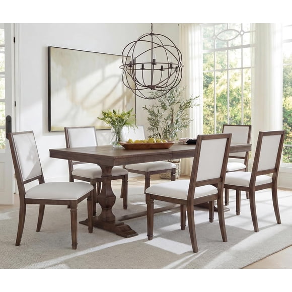 WAMPAT Set of 6 Vintage Mid-Century Dining Chairs, Solid Wood Frame, Beige Fabric, Thick Padded Seat, High Back, Farmhouse Rustic, Dark Walnut Brown