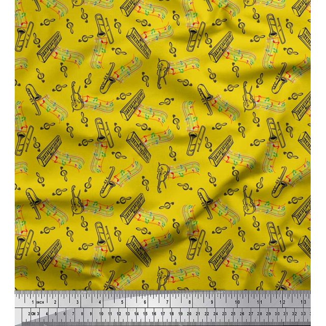 Soimoi Cotton Duck Fabric Notes,Piano & Guitar Musical Instrument Print Fabric by The Yard 56 Inch Wide