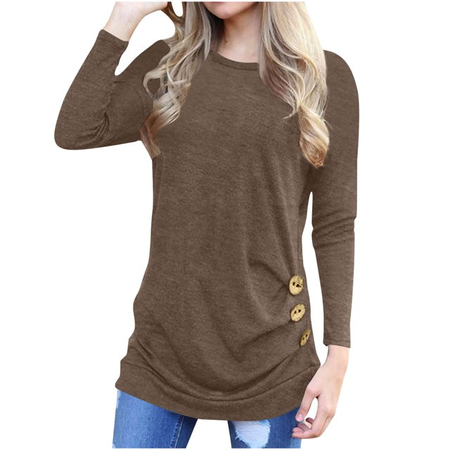 Timegard Womens Tops Crewneck Long Sleeve Button Solid Color Comfy Blouse Fall Dressy Casual Tunic Tops